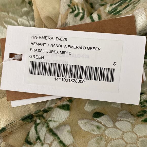 HEMANT & NANDITA Emerald Green Brasso Lurex Midi Dress Size Small - Picture 10 of 12